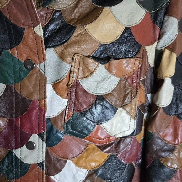 Vintage Korean Multicolor Leather Fish Scale Patchwork Jacket Womens L - Picture 2 of 16
